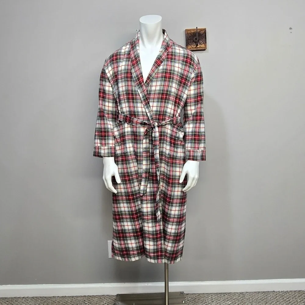 L.L. Bean Flannel Robe‎ Men Medium Red Tartan Plaid Loungewear Cabin Long Modest